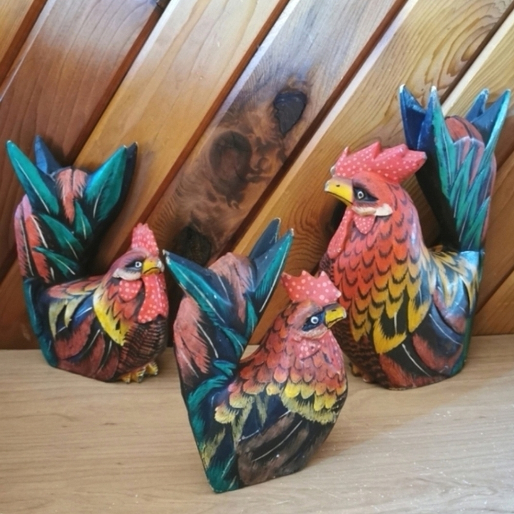 Set Of 3 Vintage Wooden Chickens